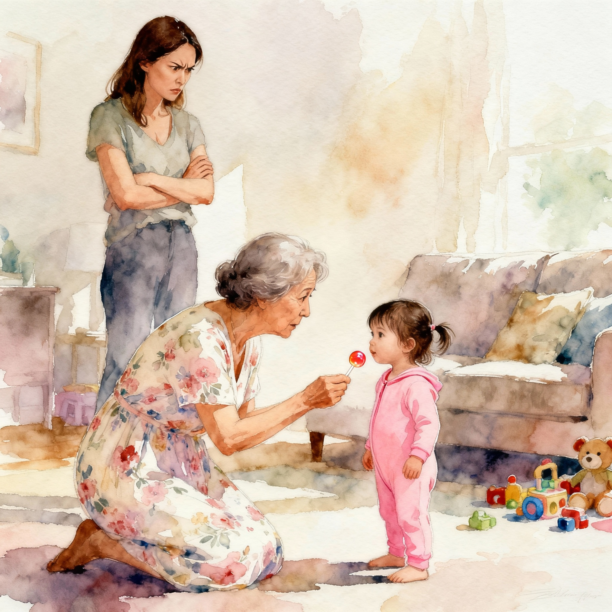 babička dává lízátko vnučce